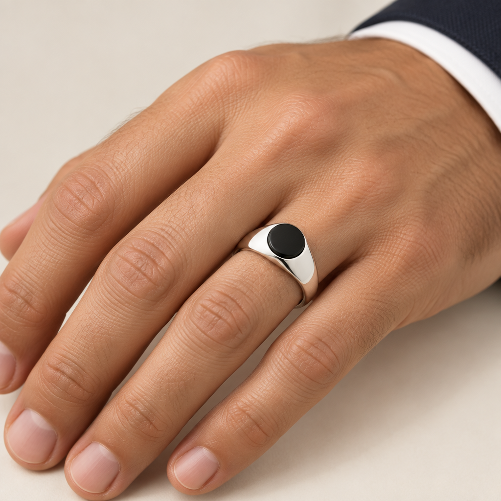 Anello uomo indossato a sigillo ovale con onice oro bianco 18kt