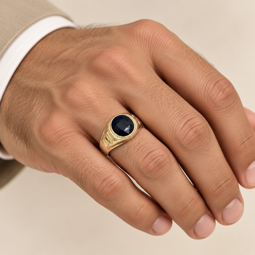Anello uomo indossato a sigillo ovale con pietra blu oro giallo 18kt