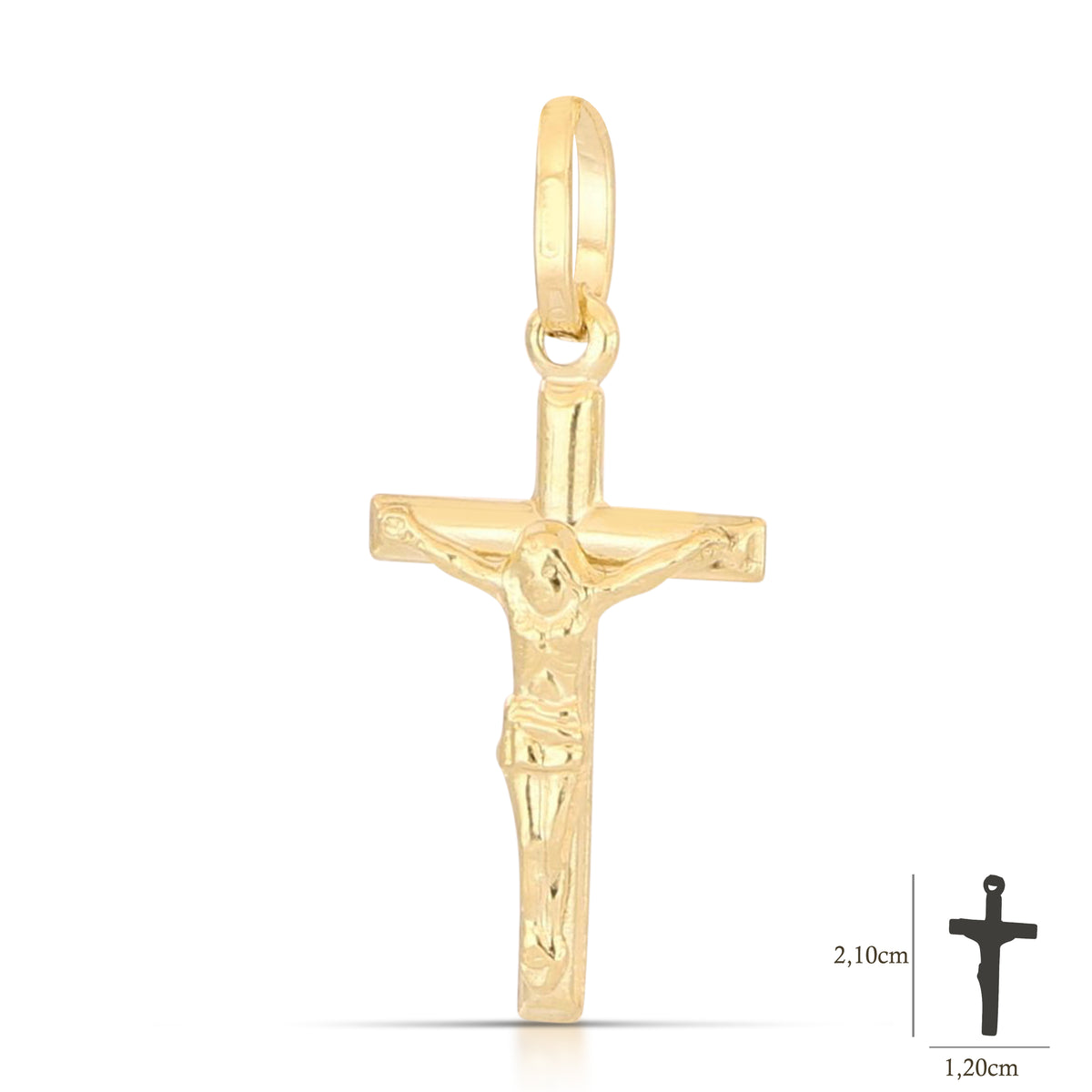 Colgante cruz abombada con Cristo en oro amarillo 18k – 1,2x1,9 cm