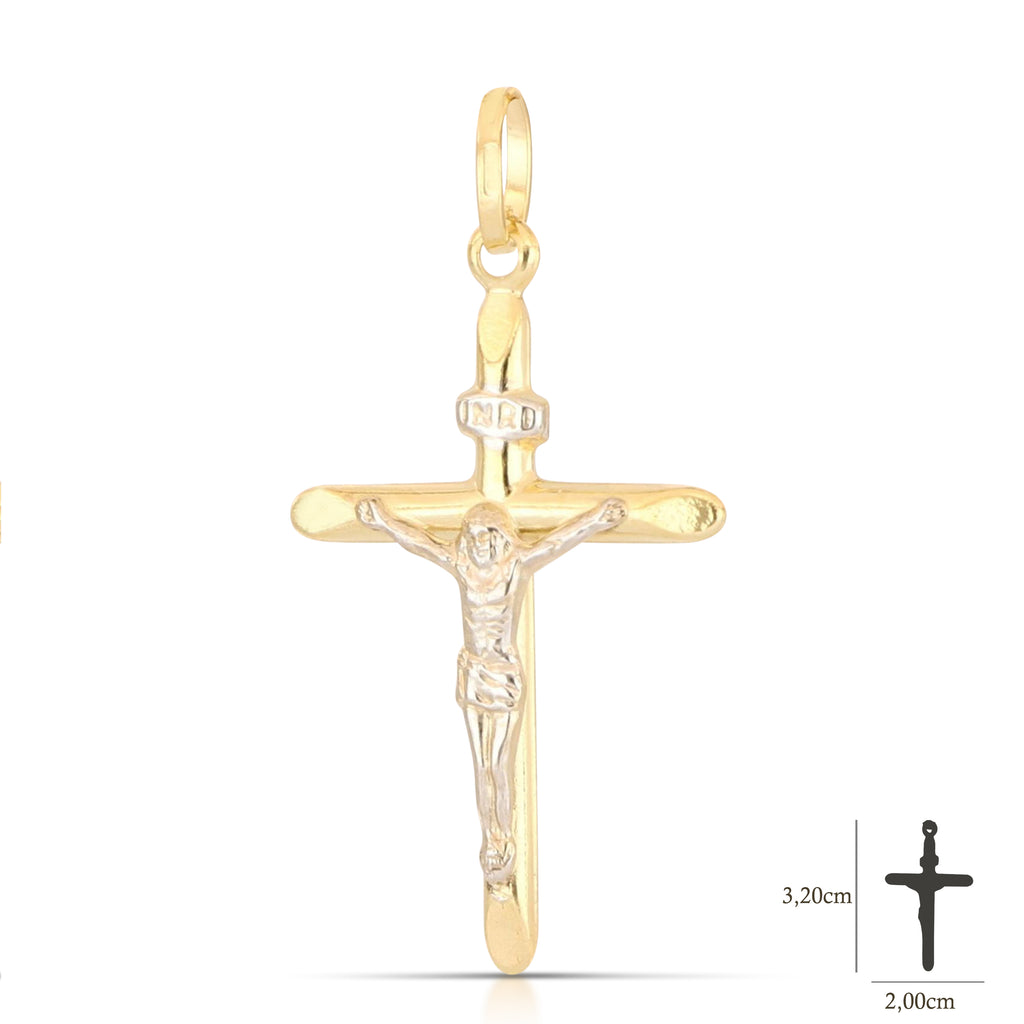 Colgante cruz estampada con Cristo en oro bicolor 18k – 2x3 cm
