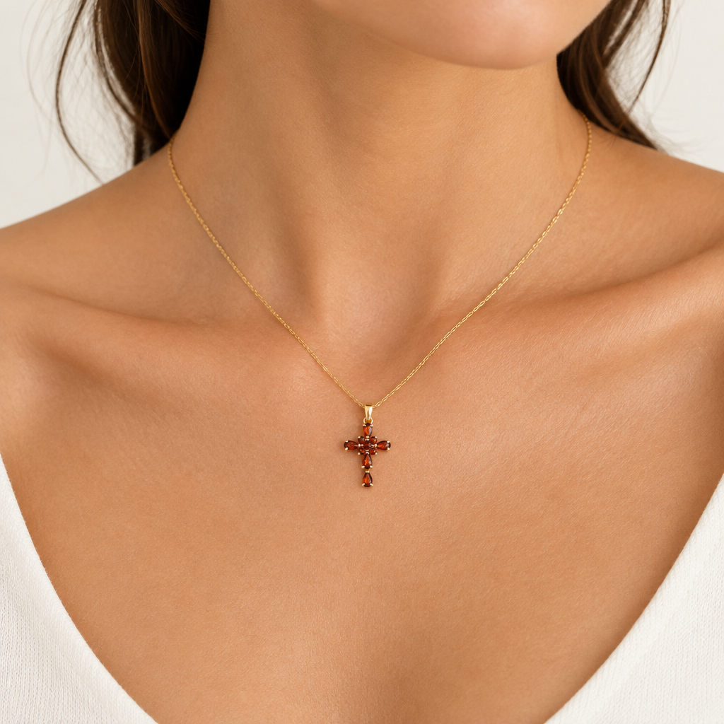Croce con granati oro giallo 18kt 1,4x2cm