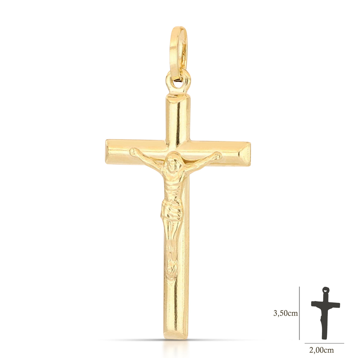 Colgante cruz abombada con Cristo en oro amarillo 18k – 2x3,1 cm