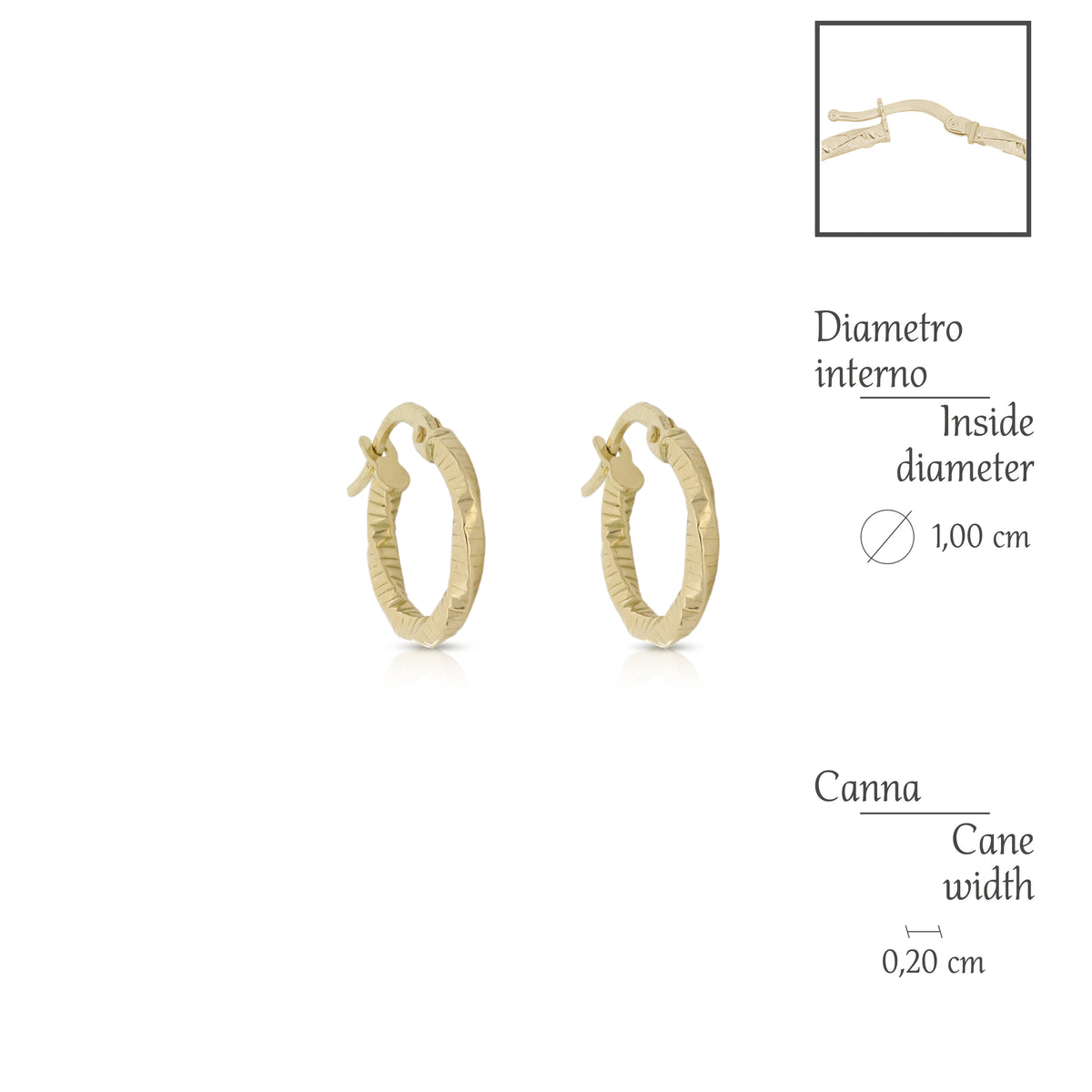Orecchini a cerchio torchon martellati oro giallo 18kt 2,5mm Ø 1cm