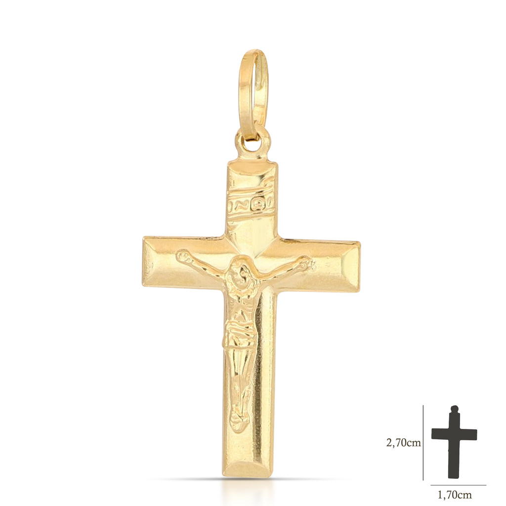 Colgante cruz abombada con Cristo en oro amarillo 18k – 1,7x2,5 cm