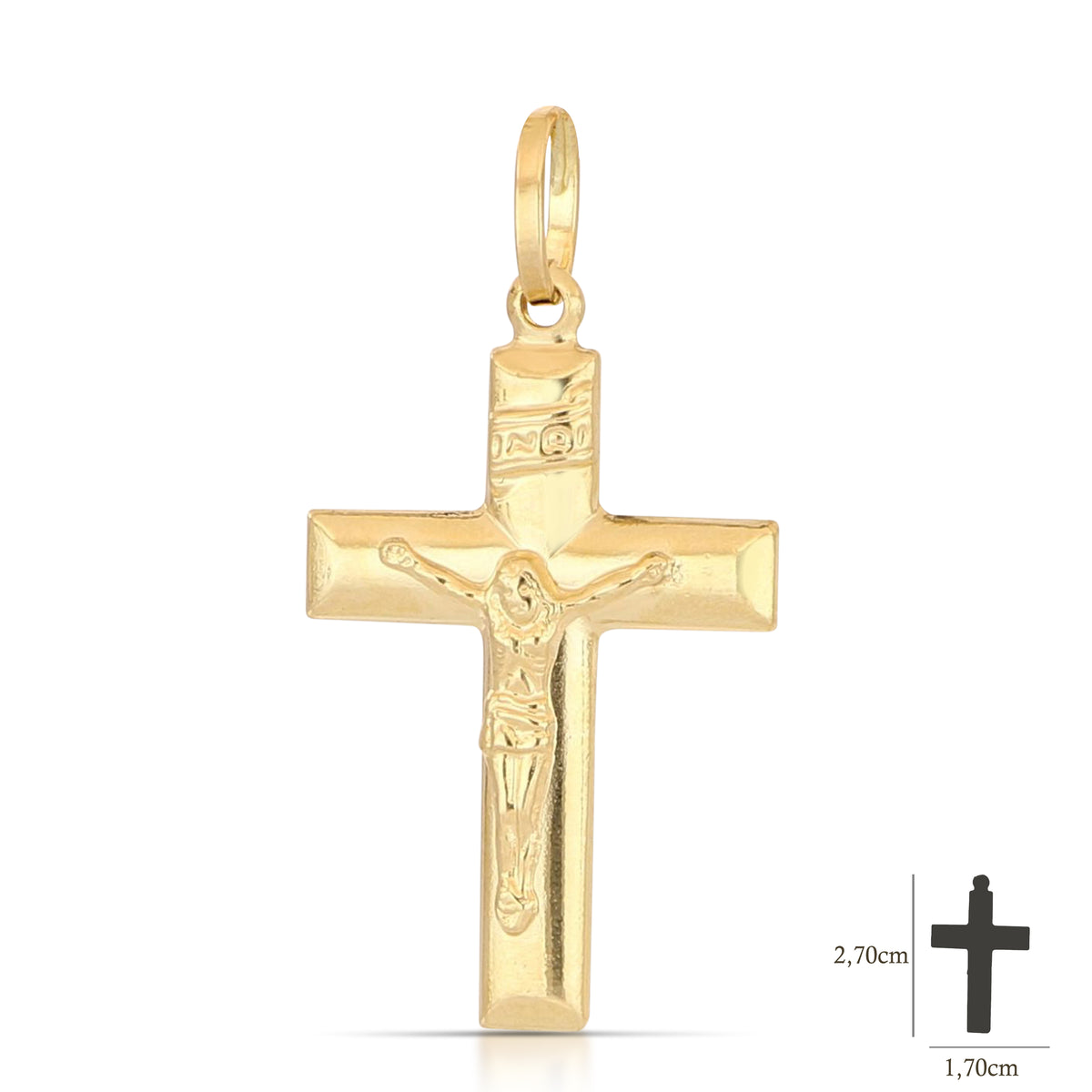 Colgante cruz abombada con Cristo en oro amarillo 18k – 1,7x2,5 cm