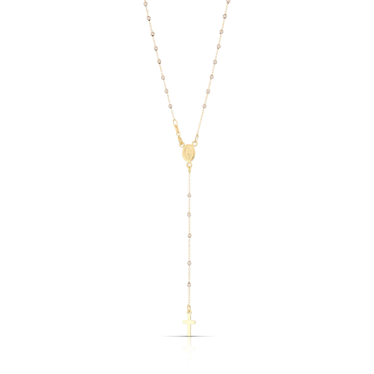 Rosario a Y con Madonna Miracolosa oro 18kt bicolore giallo e bianco grani 2mm 45cm