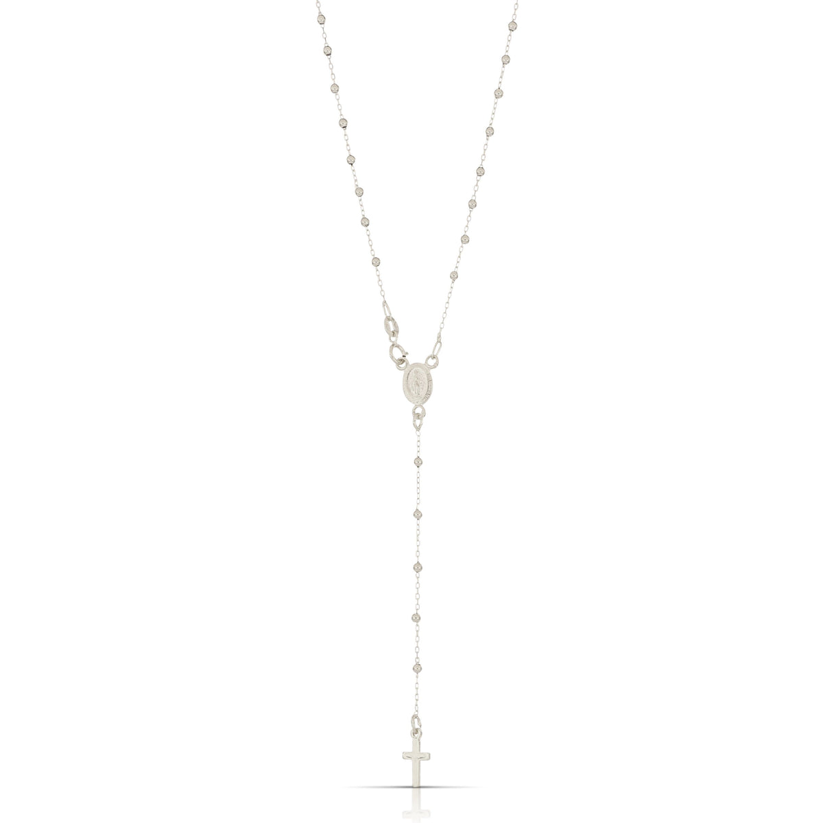 Rosario a Y con Madonna Miracolosa oro bianco 18kt grani 2mm 45cm