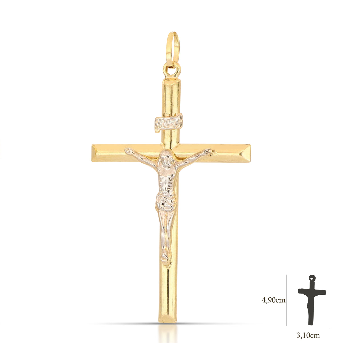 Colgante cruz abombada con Cristo en oro bicolor 18k – 3,1x4,6 cm