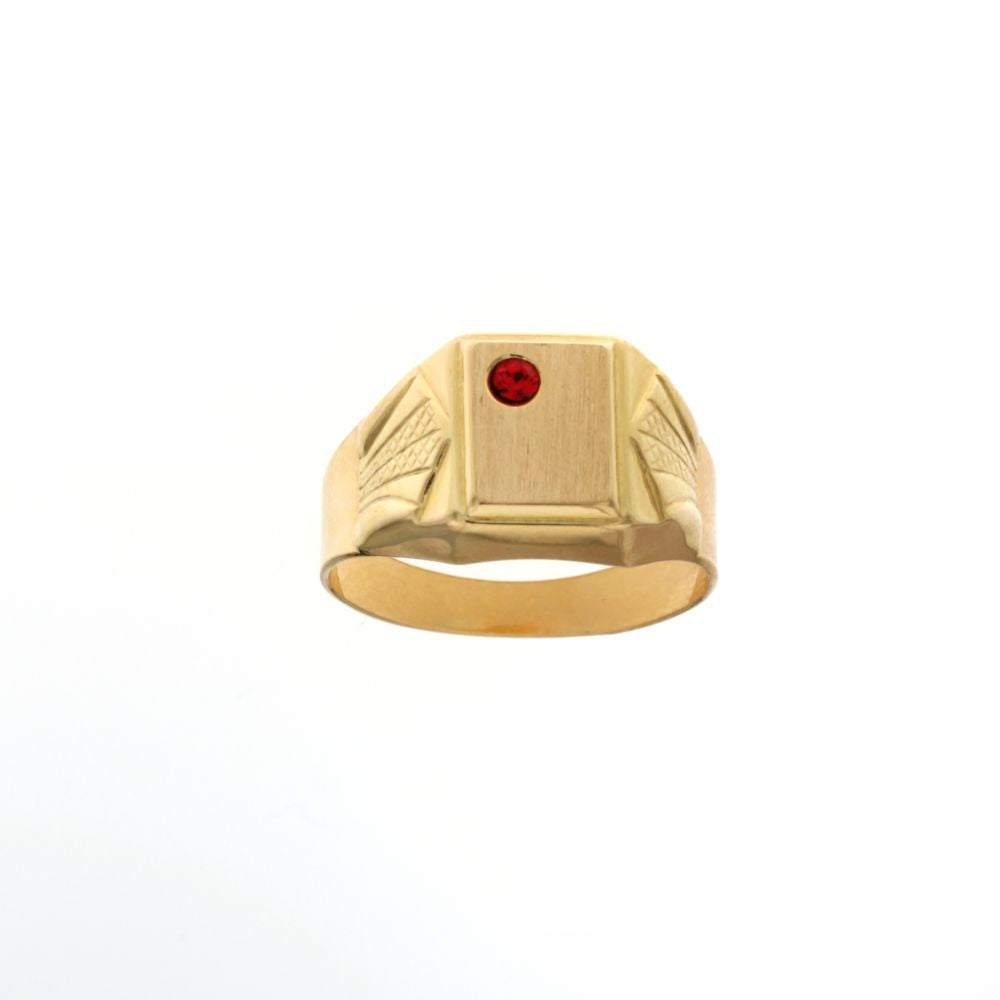 Anello uomo a sigillo rettangolare con zircone rosso oro giallo 18kt