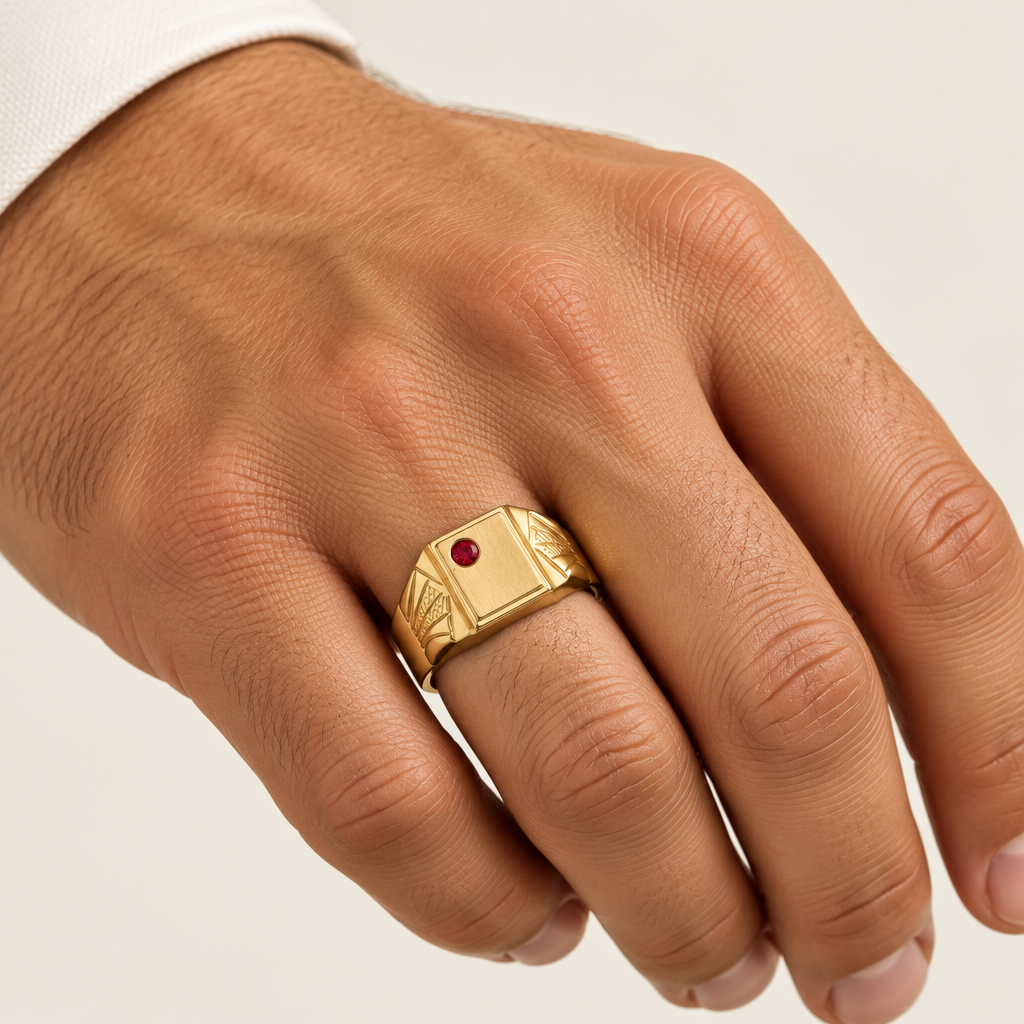 Anello uomo indossato a sigillo rettangolare con zircone rosso oro giallo 18kt