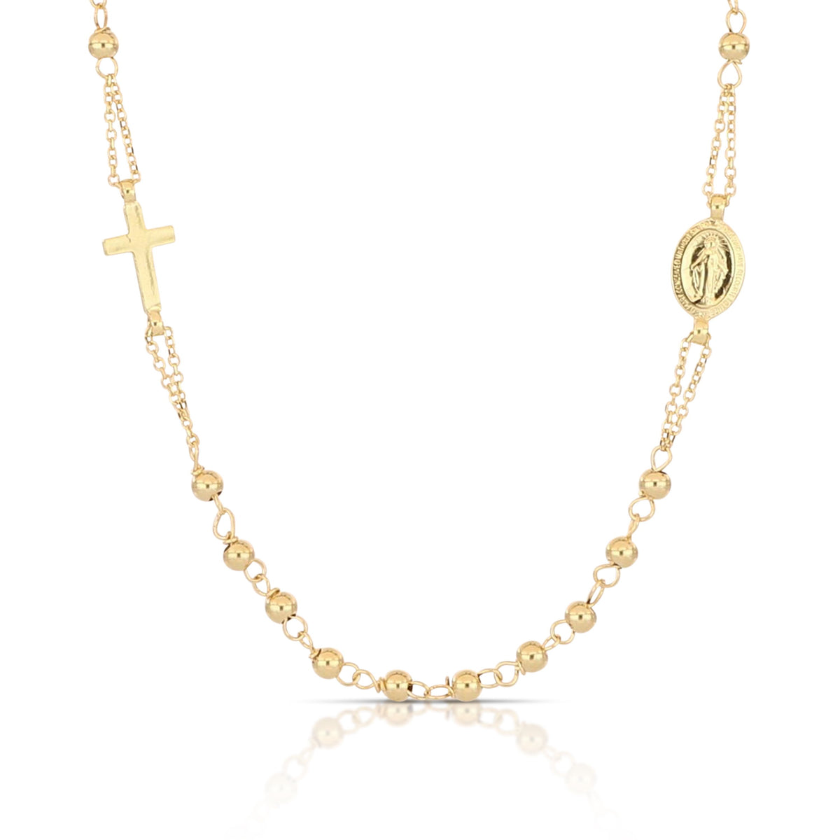 Girocollo rosario con Madonna Miracolosa oro giallo 18kt grani 2,5mm 45cm