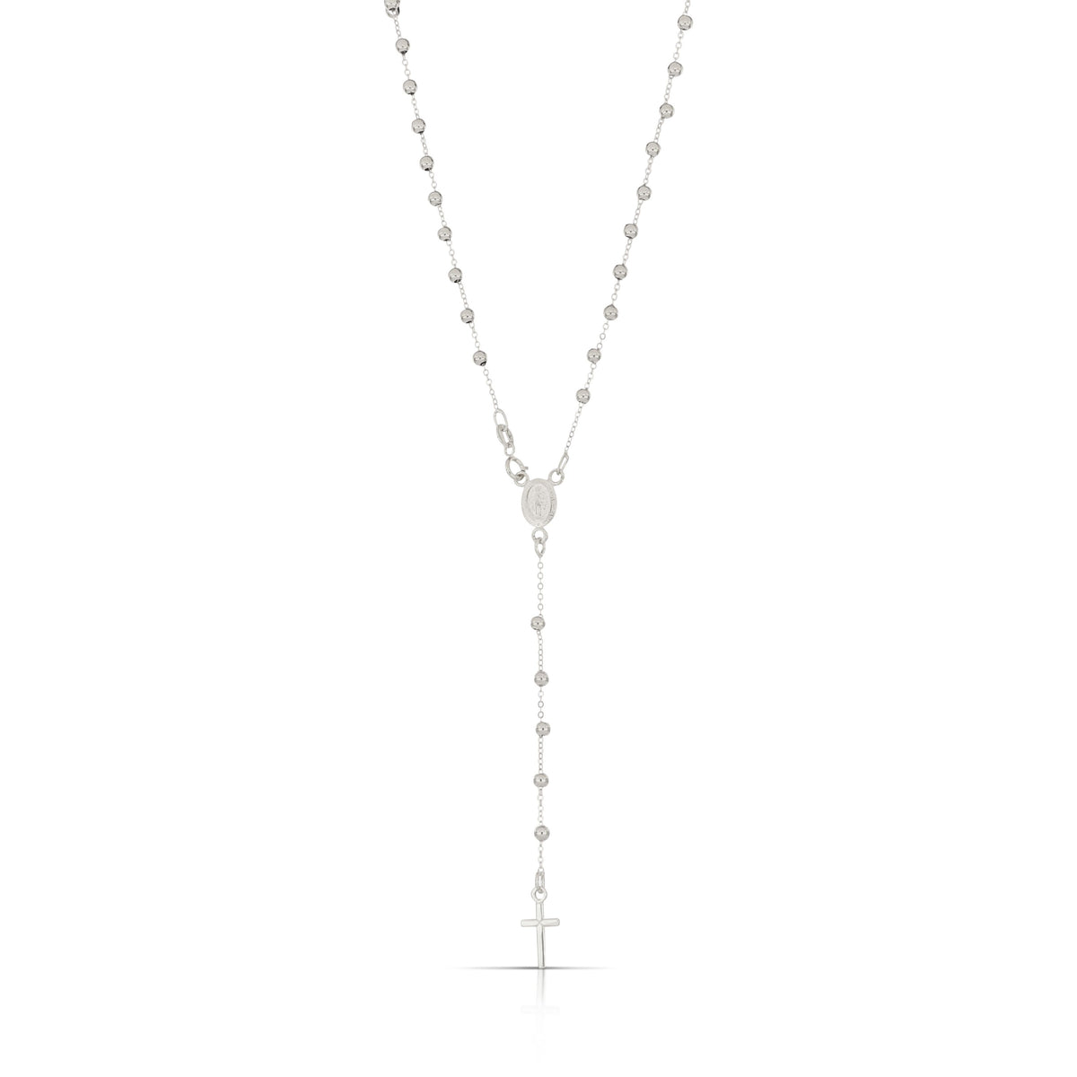Rosario a Y con Madonna Miracolosa oro bianco 18kt grani 2,5mm 45cm