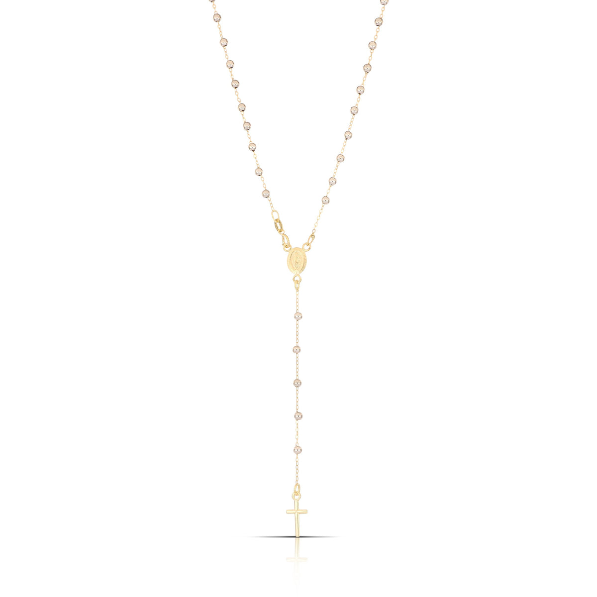 Rosario a Y con Madonna Miracolosa oro 18kt bicolore giallo e bianco grani 2,5mm 45cm