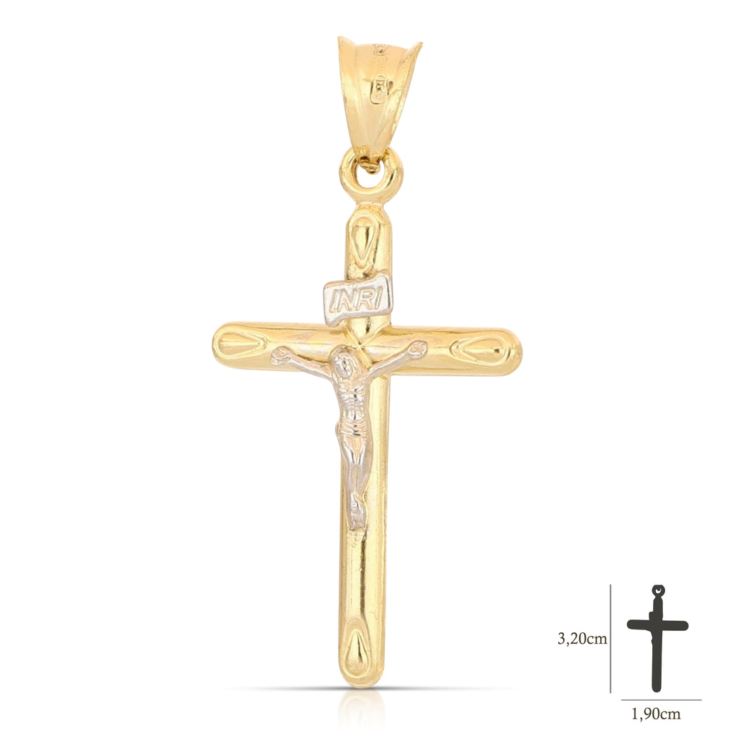 Colgante cruz abombada con Cristo en oro bicolor 18k – 1,9x2,8 cm