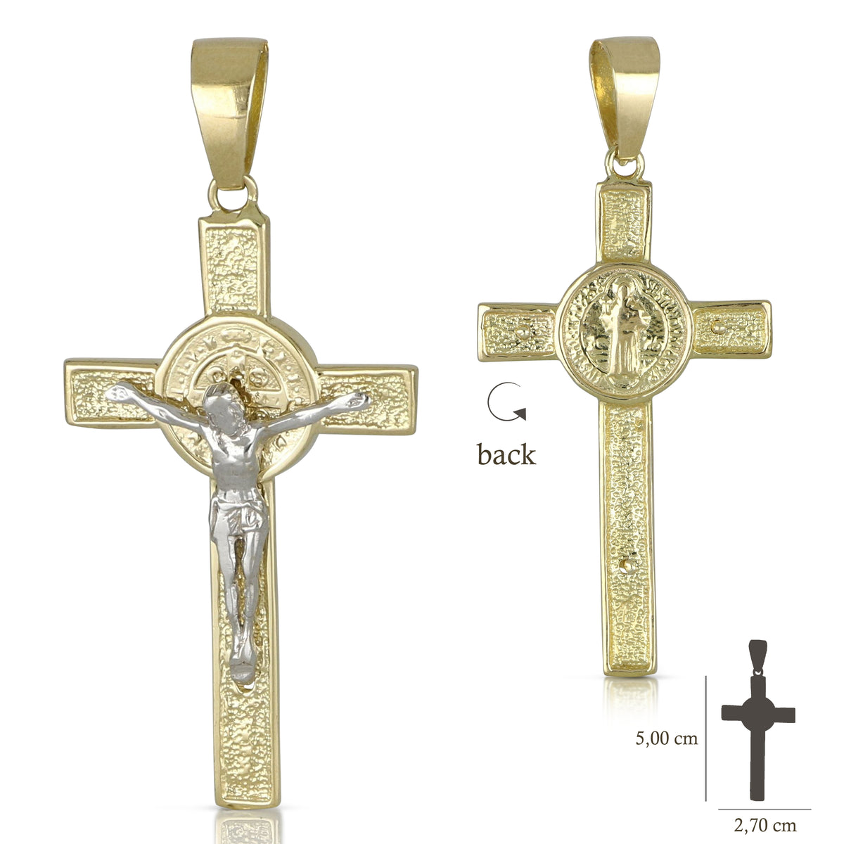 Colgante cruz de San Benito en oro bicolor 18k – 2,7x5 cm