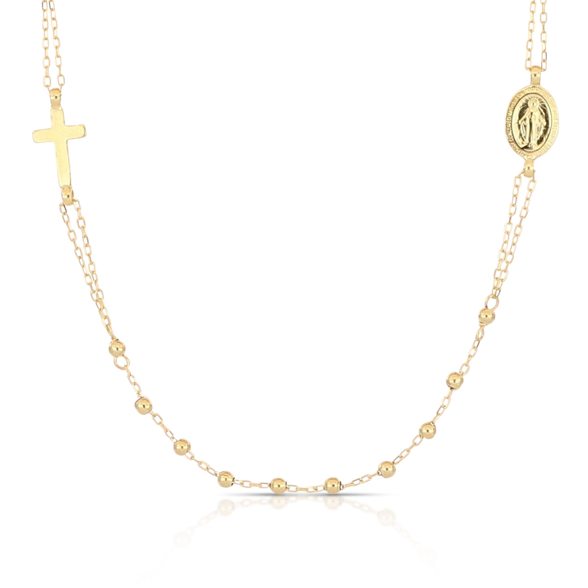 Girocollo rosario con Madonna Miracolosa oro giallo 18kt grani 2mm 45cm