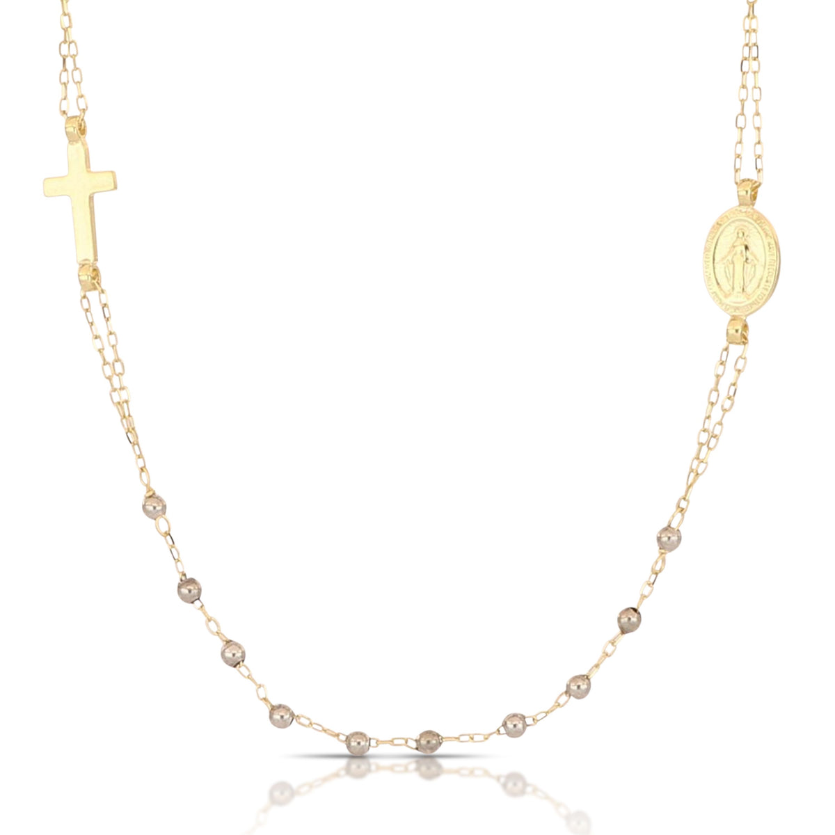 Girocollo rosario con Madonna Miracolosa oro 18kt bicolore giallo e bianco grani 2mm 45cm