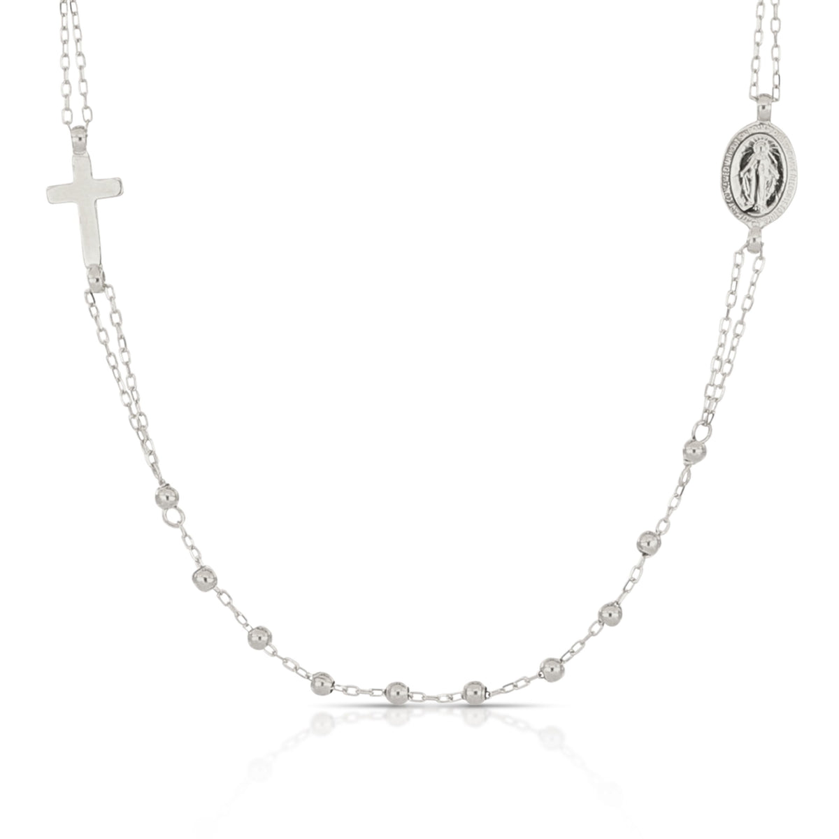 Girocollo rosario con Madonna Miracolosa oro bianco 18kt grani 2mm 45cm