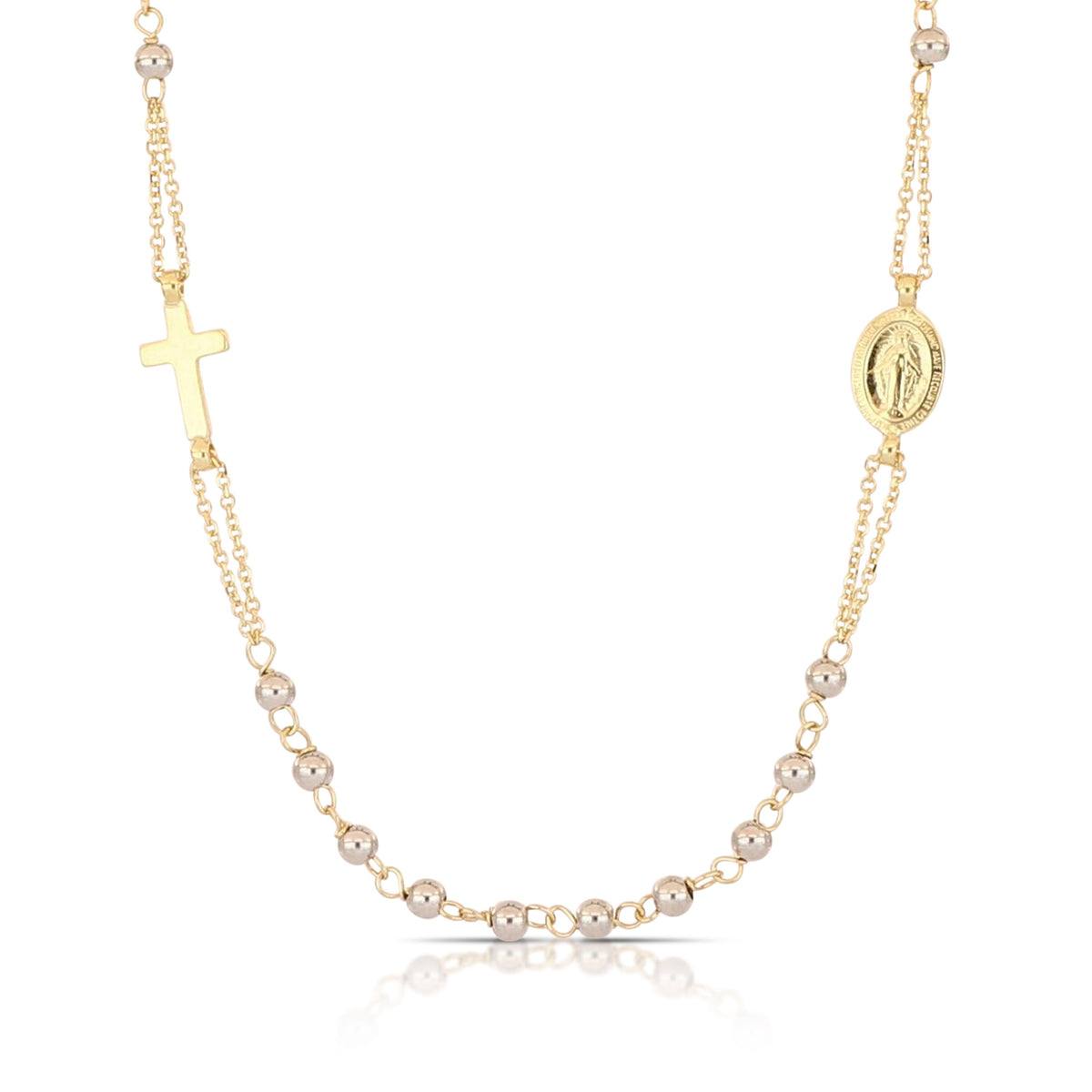 Girocollo rosario con Madonna Miracolosa oro 18kt bicolore giallo e bianco grani 2,5mm 45cm