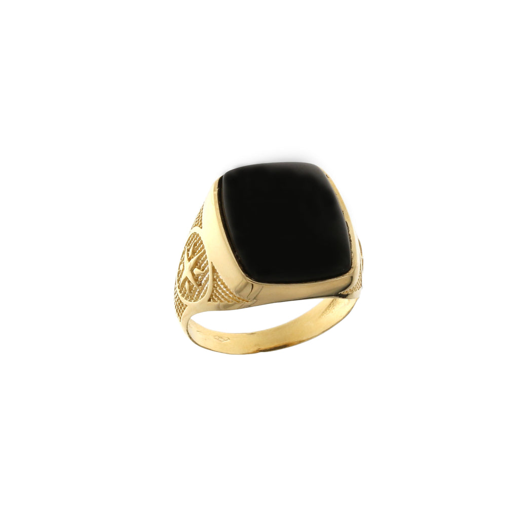 Anello uomo a sigillo rettangolare con onice bombata oro giallo 18kt