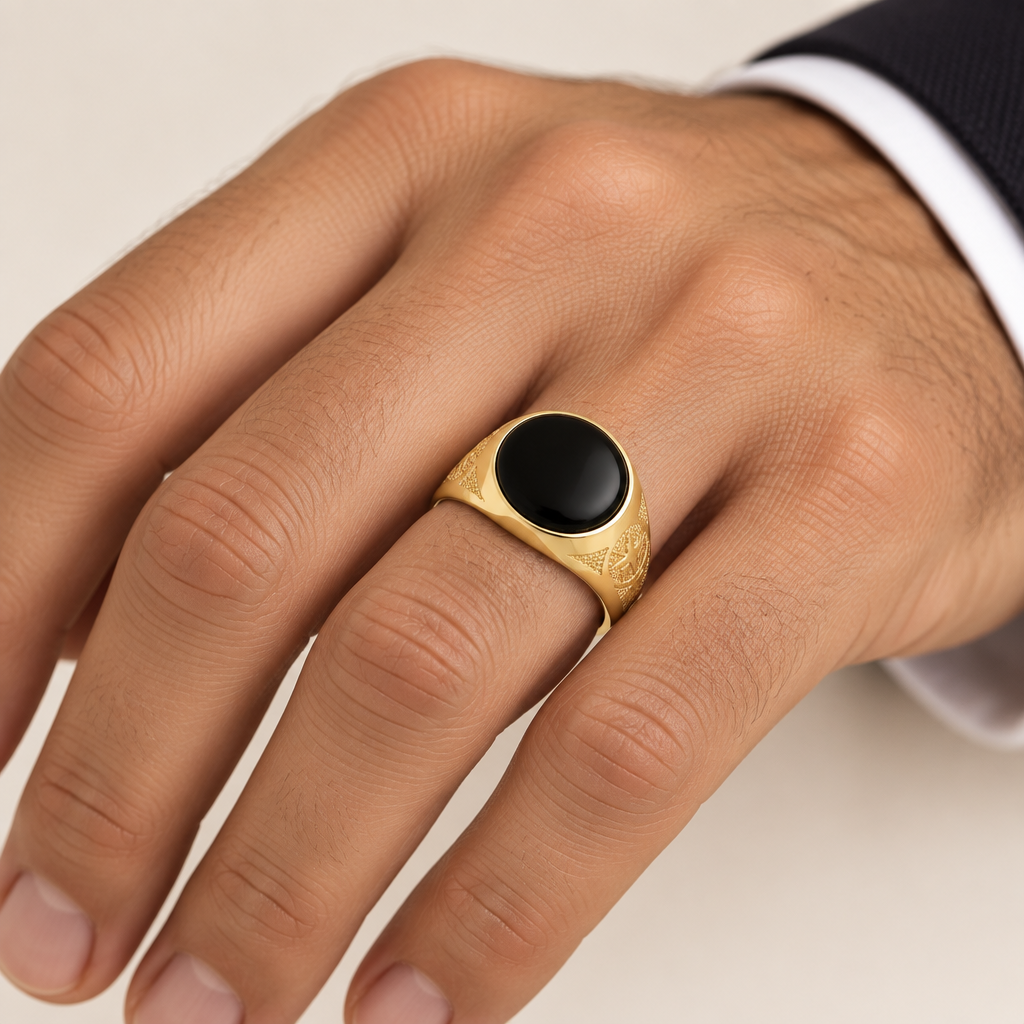 Anello uomo indossato a sigillo tondo con onice oro giallo 18kt