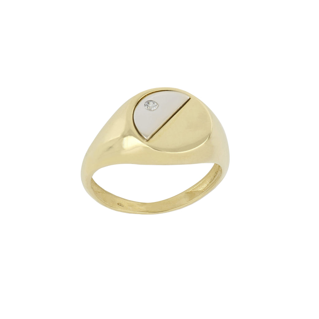 Anello uomo a sigillo tondo con zircone oro giallo e bianco 18kt