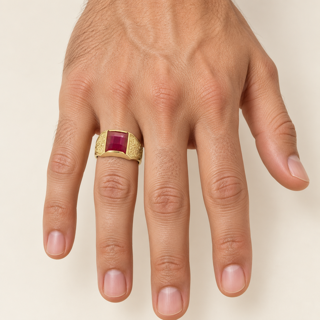 Anello uomo indossato a sigillo rettangolare con pietra rossa oro giallo 18kt