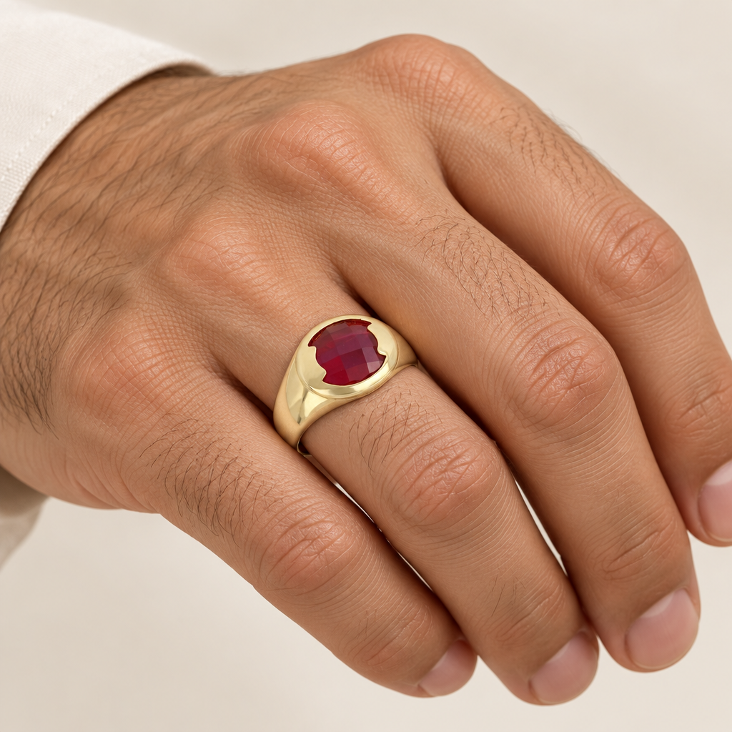 Anello uomo indossato a sigillo ovale con pietra rossa oro giallo 18kt