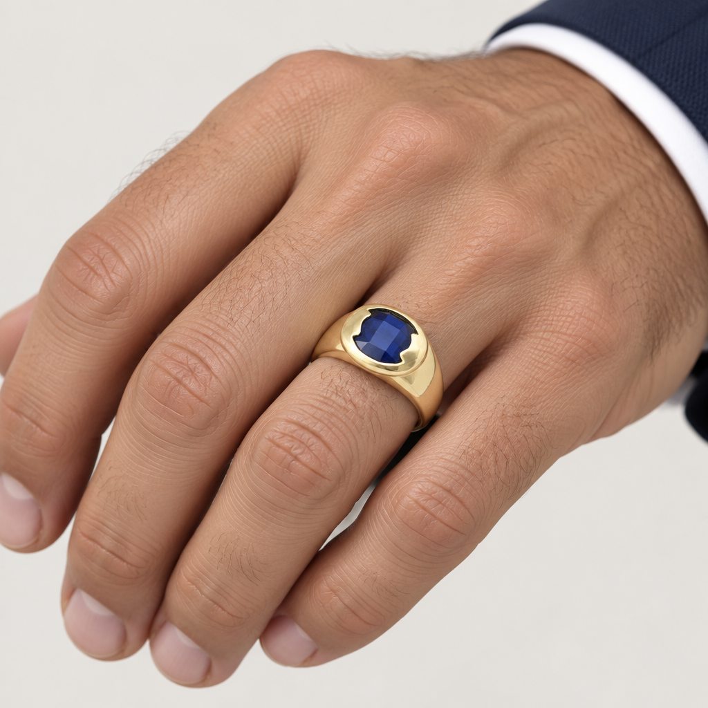 Anello uomo indossato a sigillo ovale pieno con pietra blu oro giallo 18kt