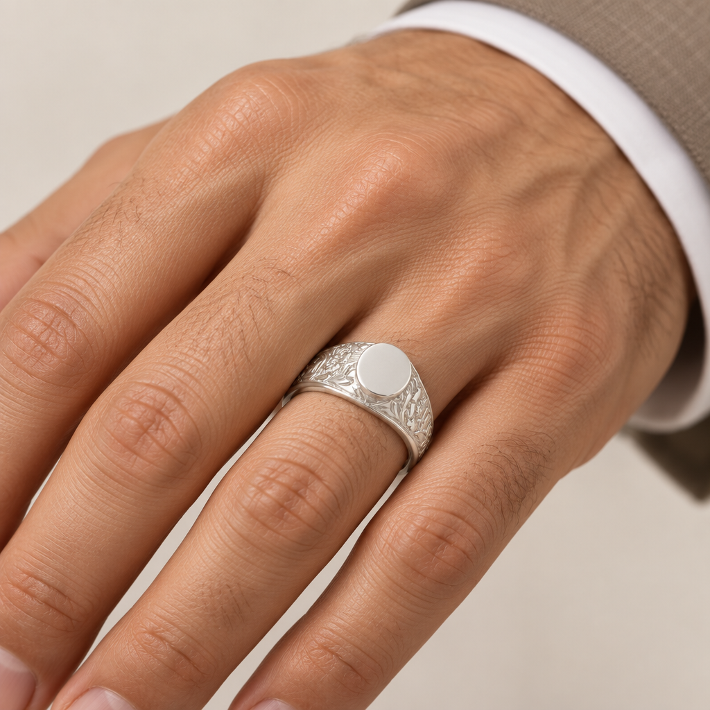 Anello uomo indossato a sigillo ovale lucido oro bianco 18kt