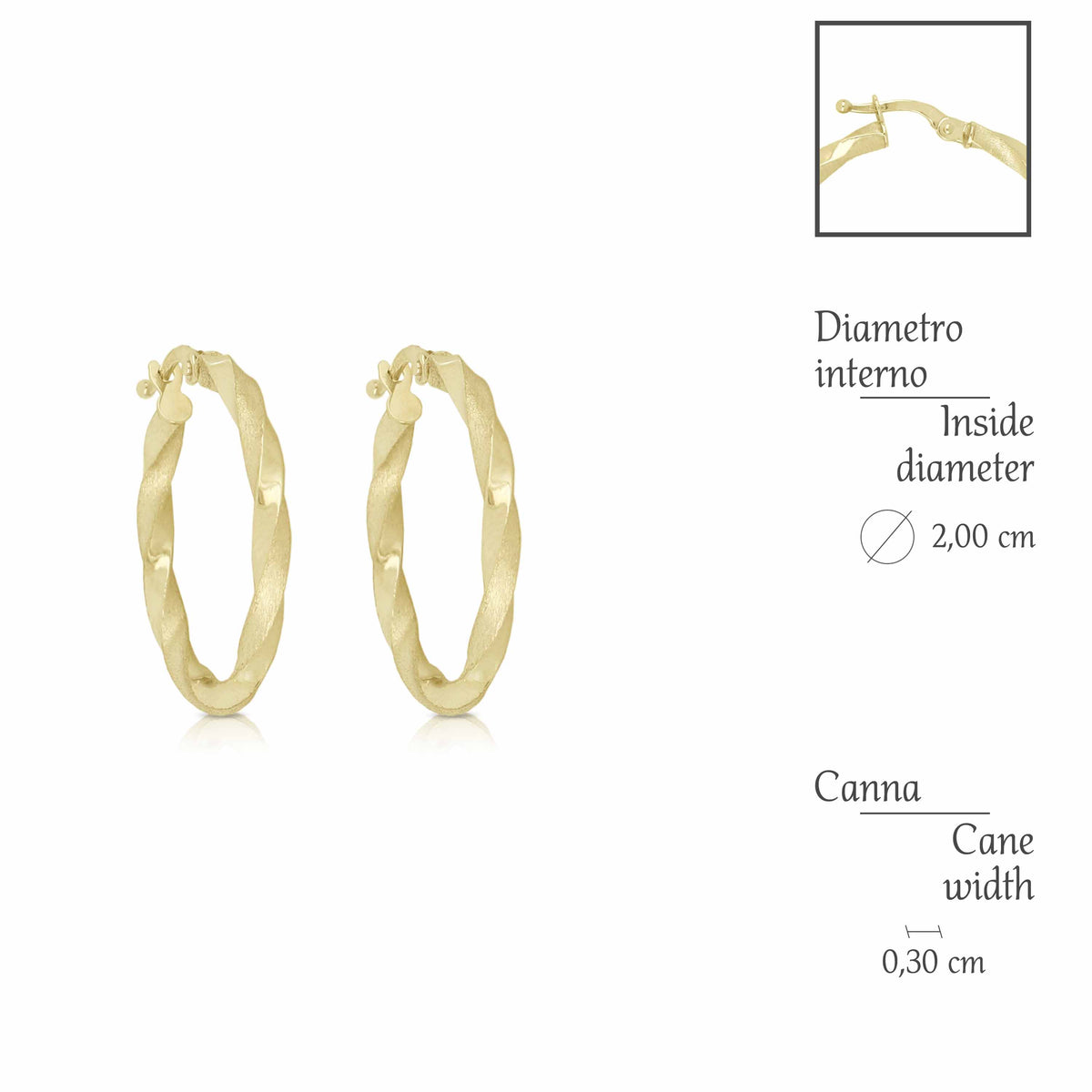 Orecchini a cerchio torchon lucidi e satinati oro giallo 18kt 3mm Ø 2cm