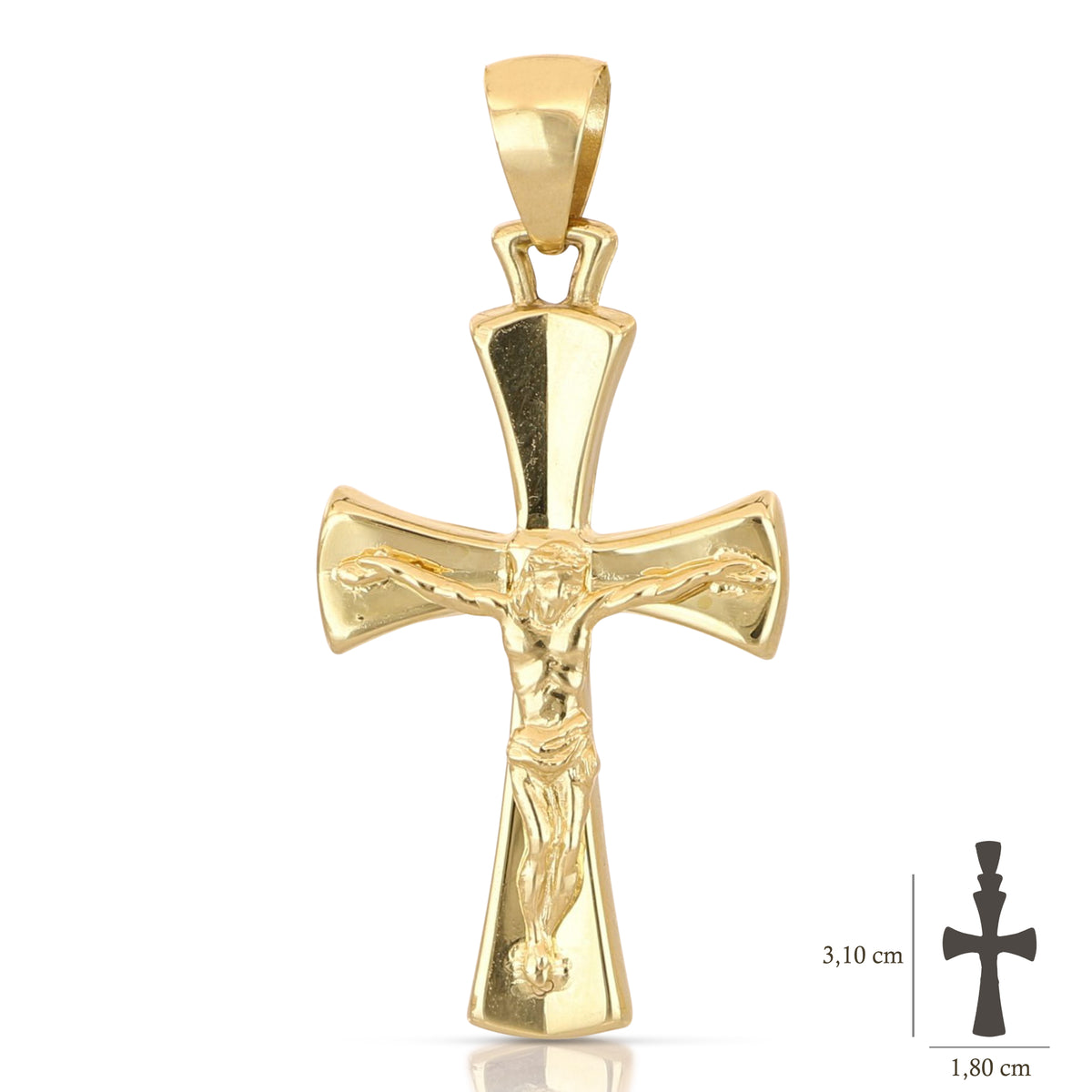Colgante cruz abombada con Cristo en oro amarillo 18k – 1,8x3,1 cm