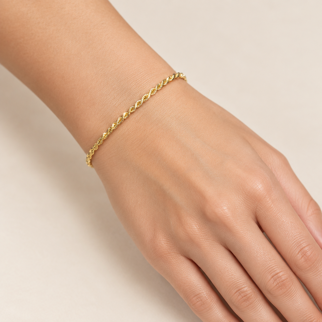 Bracciale fune laser vuoto oro giallo 18kt 2mm 19cm indossato