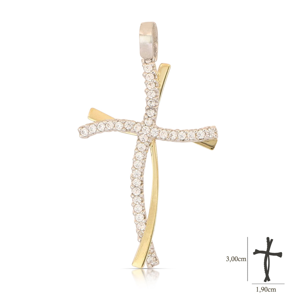 Colgante cruz microfundida con circonitas en oro bicolor 18k – 1,9x3 cm