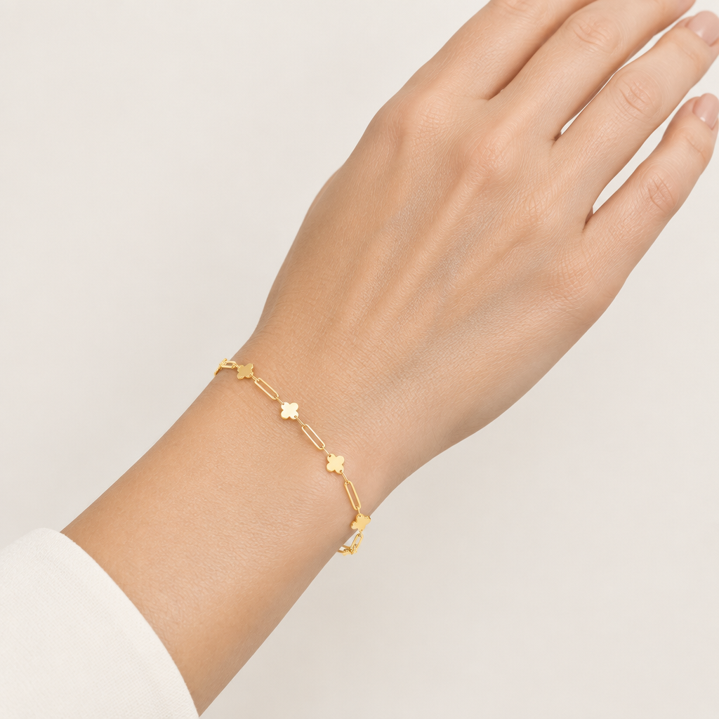 Bracciale forzatina con quadrifogli oro giallo 18kt 5mm 18cm indossato