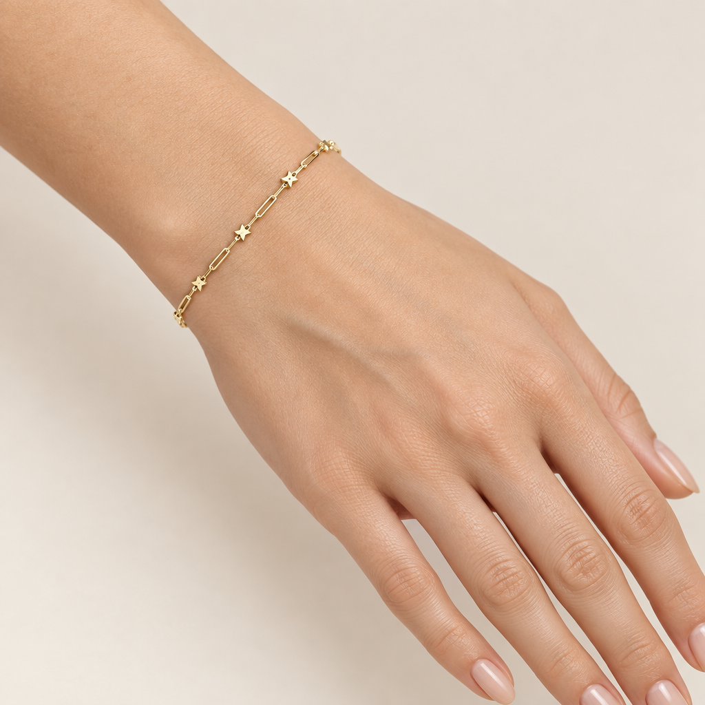 Bracciale forzatina con stelle oro giallo 18kt 4mm 18cm indossato