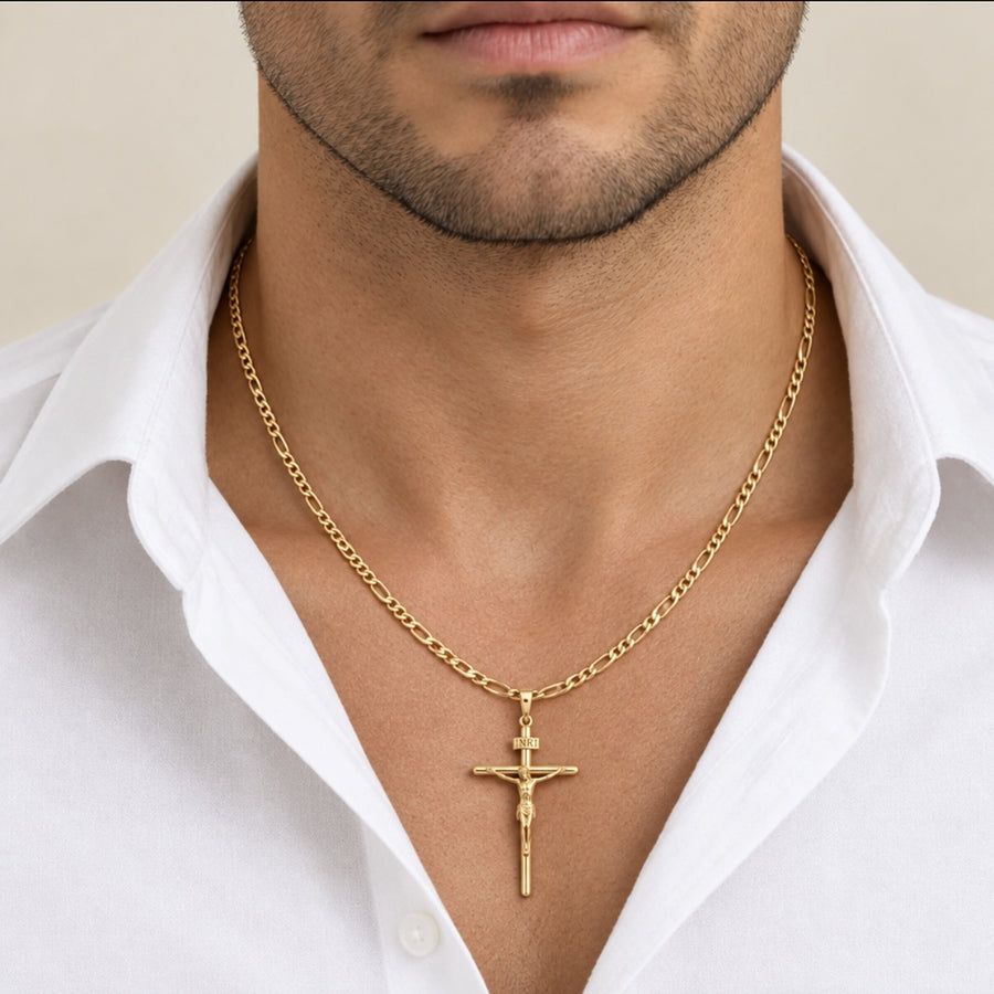 Catena figaro 3+1 vuota oro giallo 18kt 3mm 50cm + Puffed Crucifix Pendant with Figaro Chain, 18k Gold 2.6 x 3.9 cm