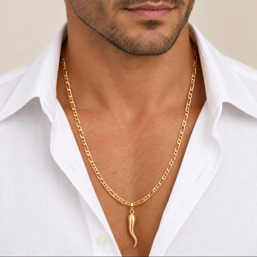 Italian Horn Pendant with Figaro Chain 3 mm 60 cm, 18k Gold 1.2x4.9 cm