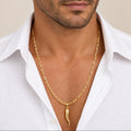 Italian Horn Pendant with Figaro Chain 3 mm 60 cm, 18k Gold 1.2x4.9 cm