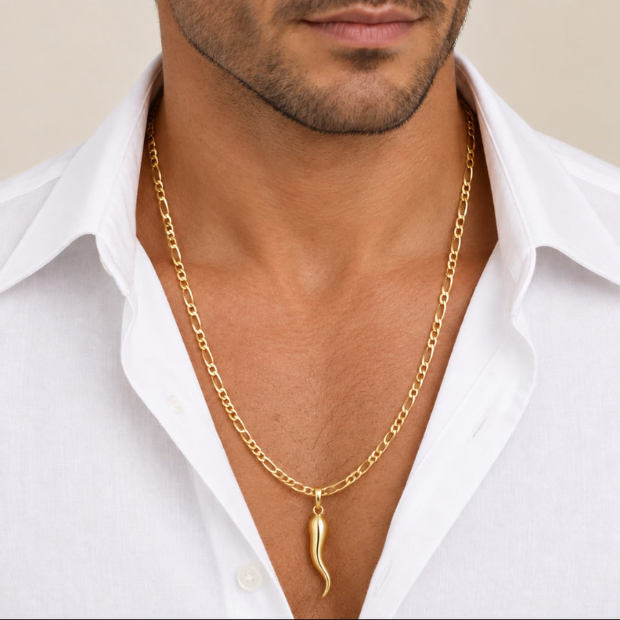 Catena figaro 3+1 vuota oro giallo 18kt 3mm 60cm + Italian Horn Pendant with Figaro Chain, 18k Gold 1.2 x 4.9 cm