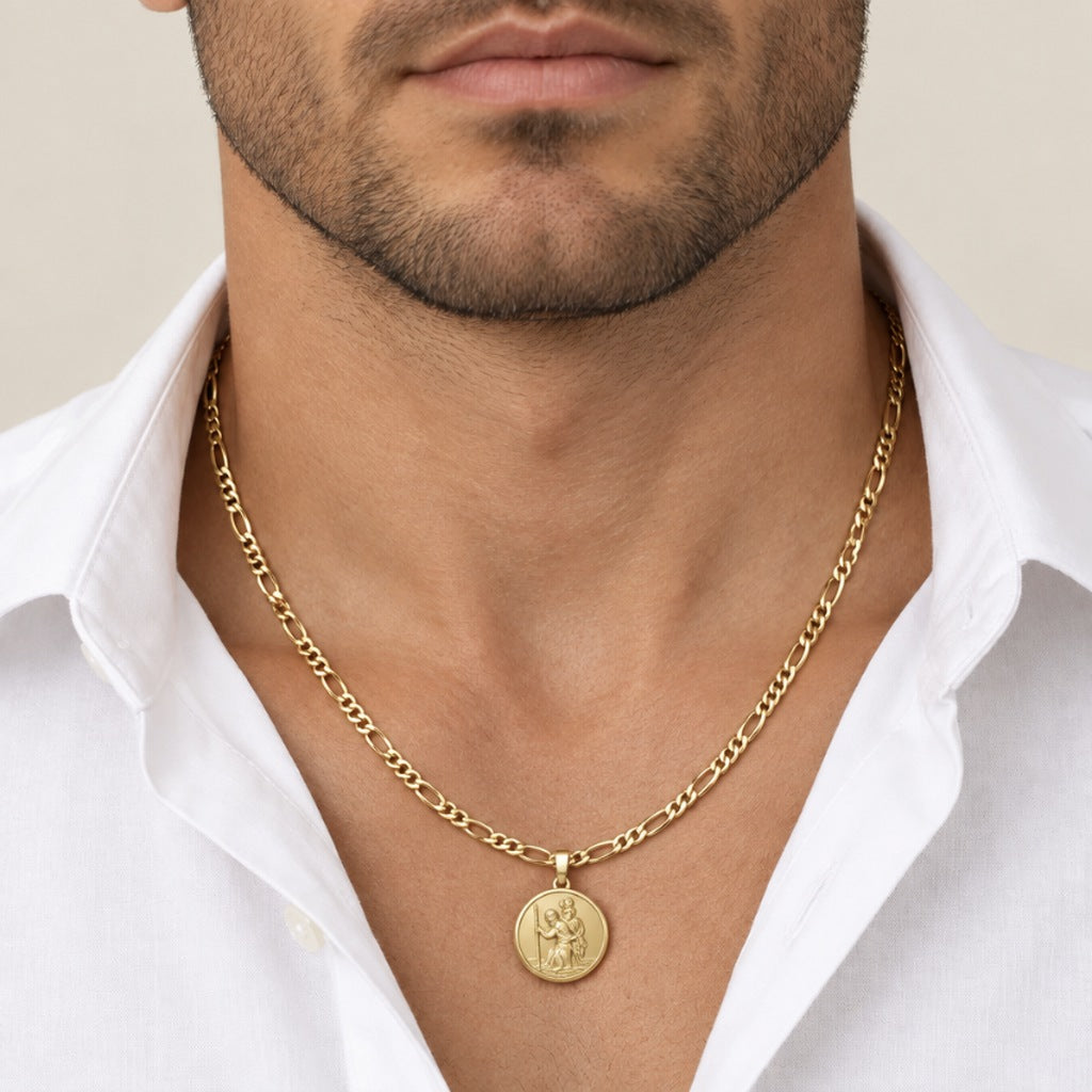 Ciondolo San Cristoforo mis. 3 con catena figaro 3,5mm 50cm, oro 18kt Ø 1,6cm