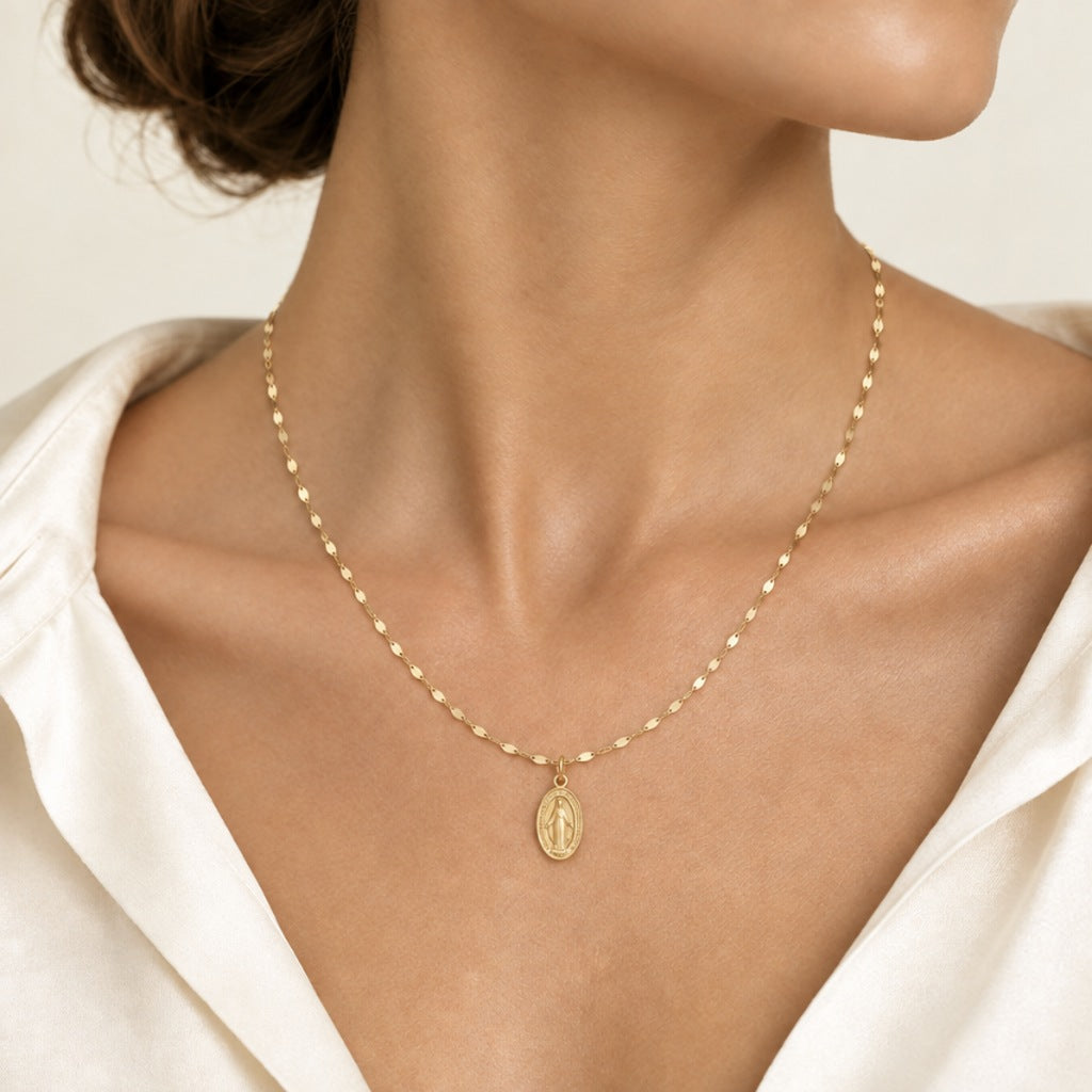 Ciondolo Madonna Miracolosa mis. 1 con catena fogliolina 45cm mis. 1, oro 18kt