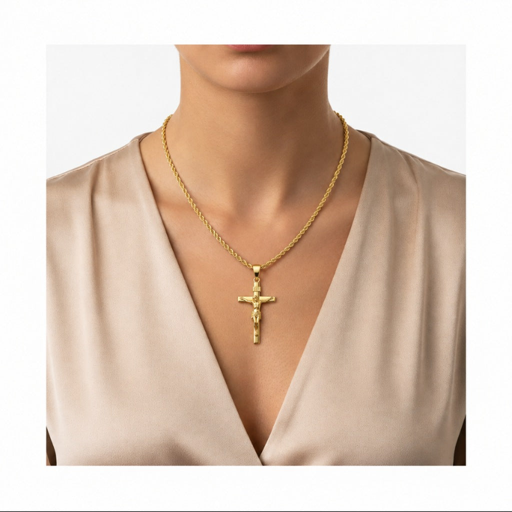 Box Crucifix with Rope Chain 2.6 mm 45 cm, 18k Gold 2x3.1 cm