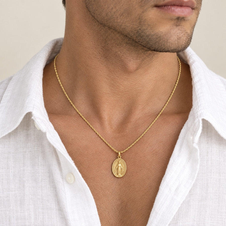 Rope Necklace in 18k Italian Yellow Gold, Hollow – 2.1mm, 50cm / 20in + Miraculous Medal Pendant with Figaro Chain, 18k Gold 1.3 x 1.7 cm