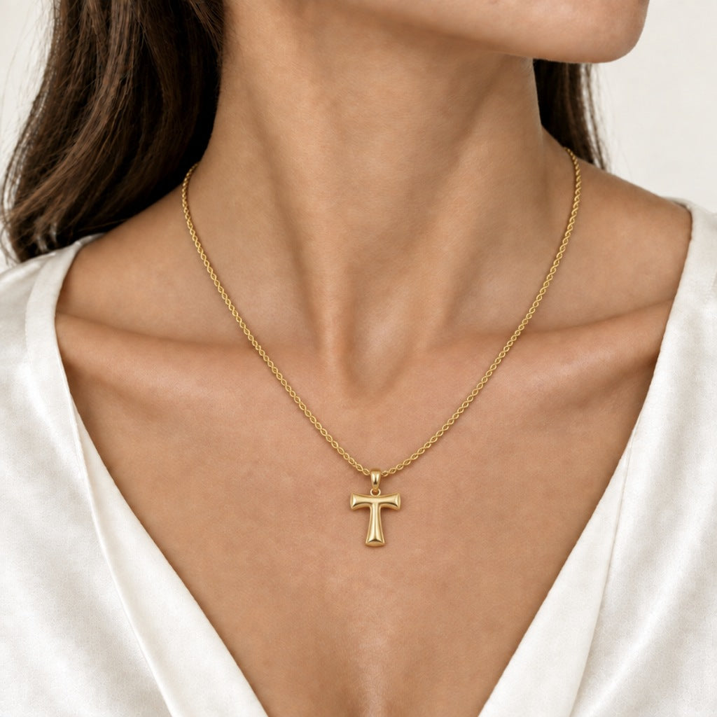 Croce Tau stampata con catena fune 1,6mm 45cm, oro 18kt 1,4x1,6cm