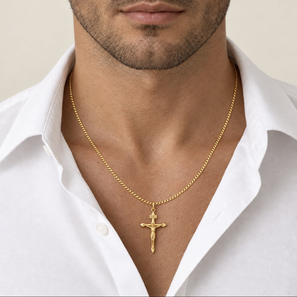 Crucifix Pendant with Curb Chain 2 mm 50 cm, 18k Gold 2.6x3.9 cm