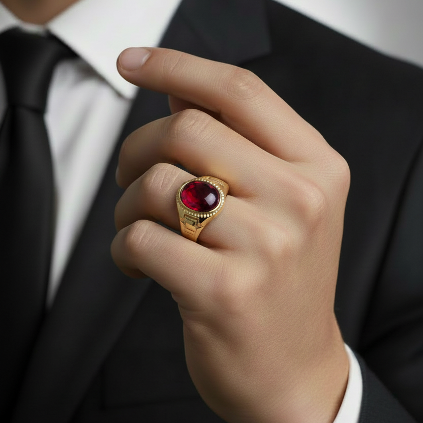 Anello uomo con pietra rossa ovale e zirconi oro giallo 18kt indossato