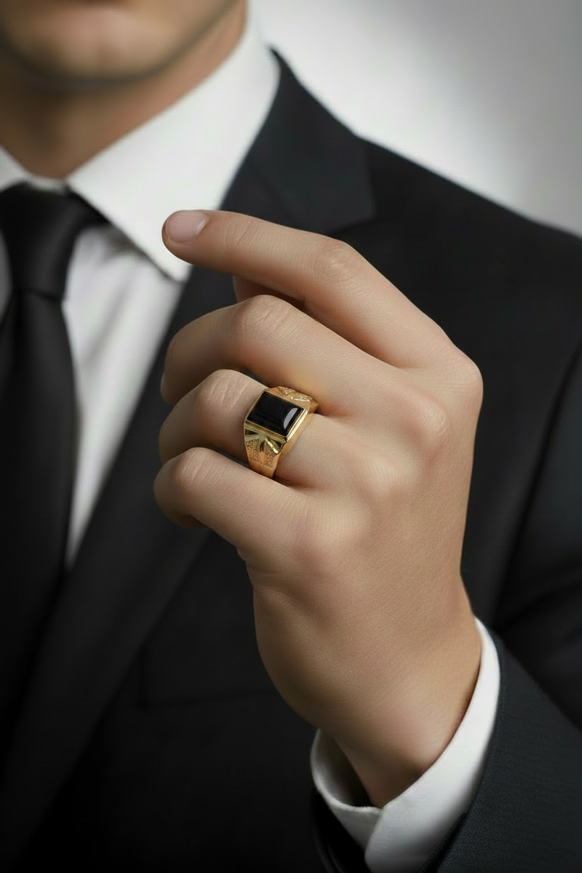 Anello scudo rettangolare onice su mano uomo