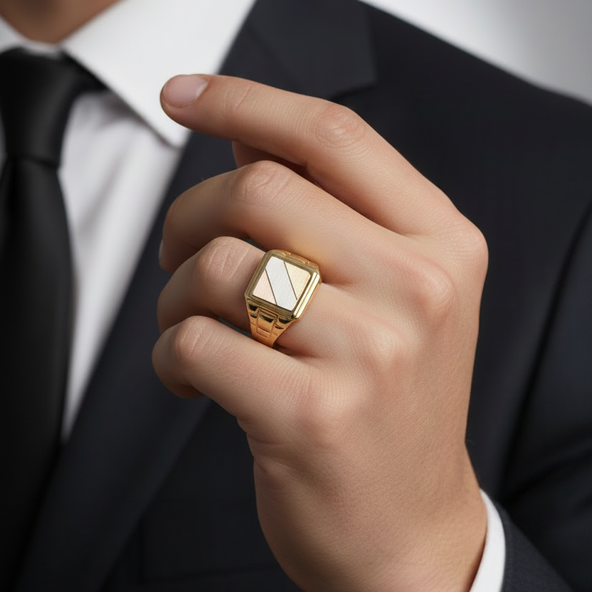 Anello a scudo rettangolare oro tricolore 18kt indossato