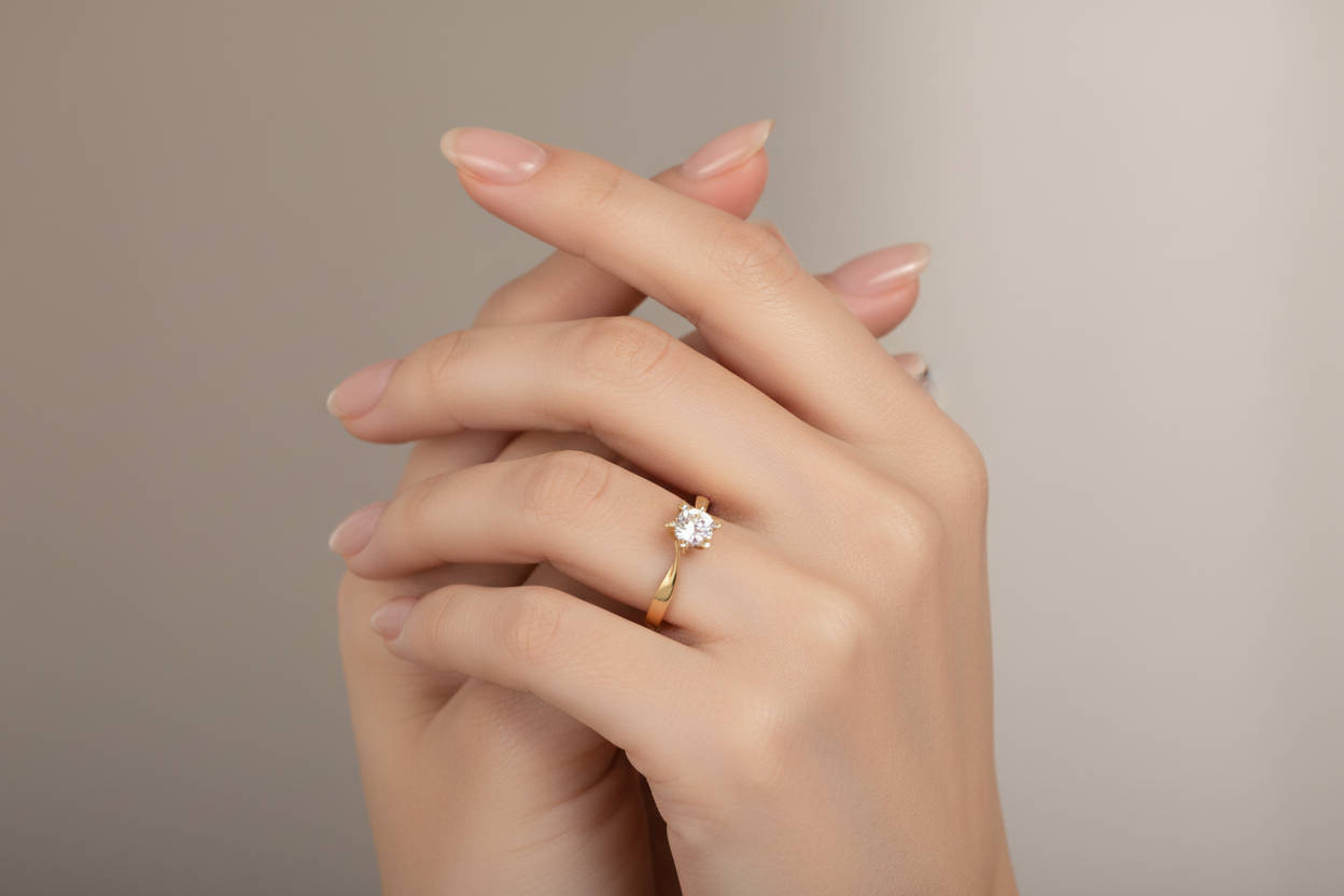 Anello solitario oro giallo indossato